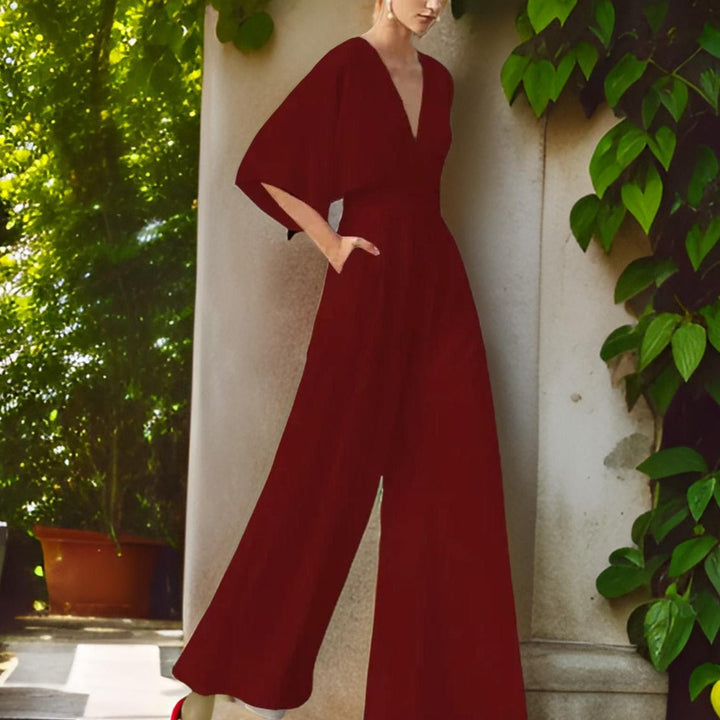 V-neck Jumpsuit with Three-Quarter Sleeves - Aurora Chic