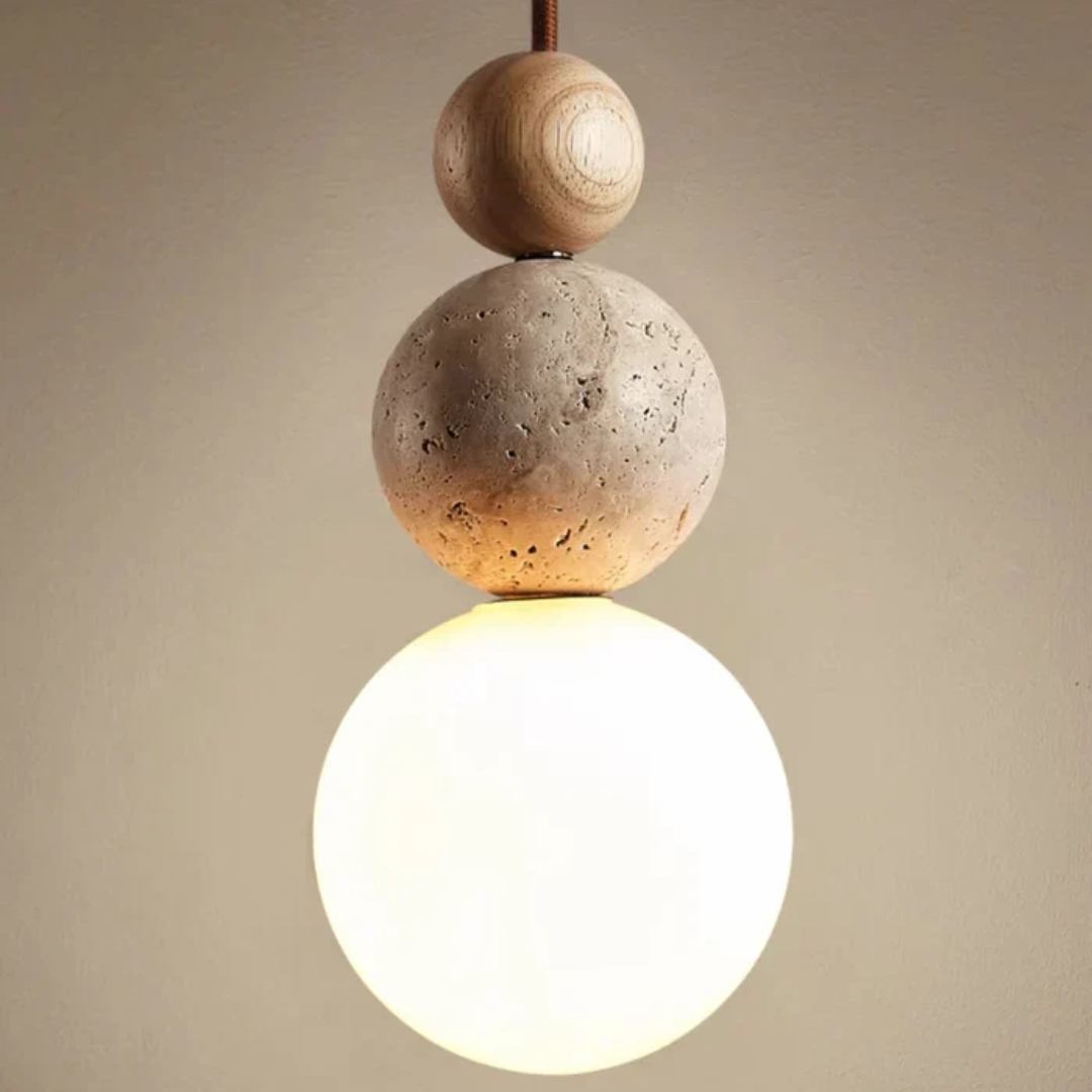 Modern Travertine and Mahogany Pendant Light - NaturaLuxe