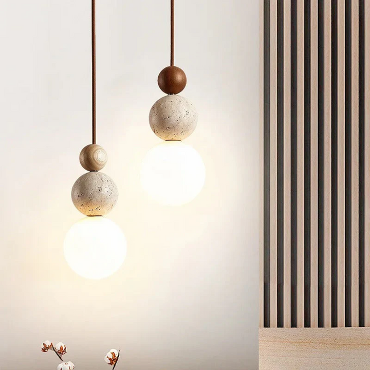 Modern Travertine and Mahogany Pendant Light - NaturaLuxe