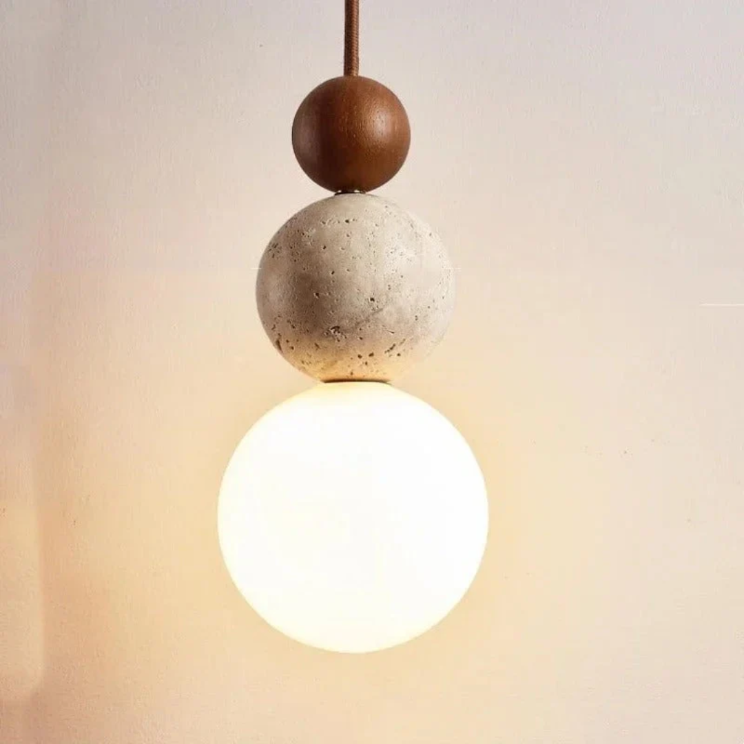 Modern Travertine and Mahogany Pendant Light - NaturaLuxe