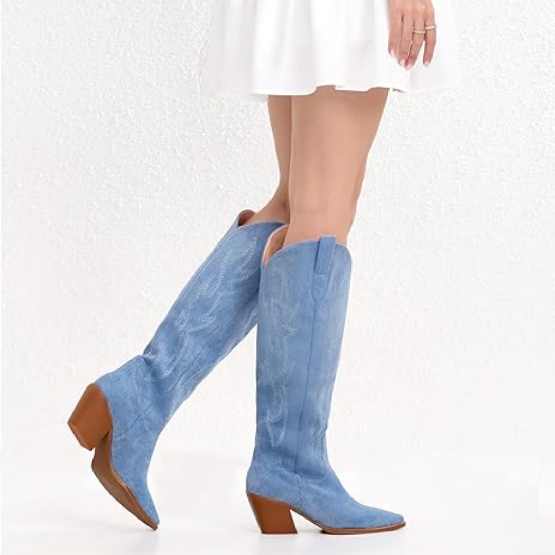 Knee-high Embroidered Suede & Faux Leather Cowboy Boots - Mary