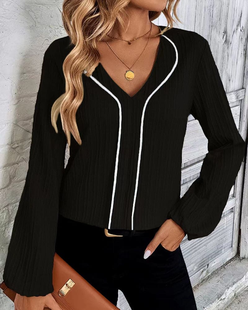 Blouse with Long Sleeves and V-Neck - Alina